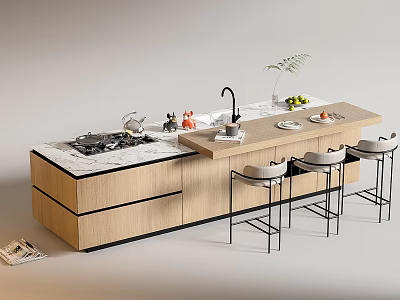 Modern Bar Counter Interior With Wooden Top High Stools And Sink Area Design 3d model