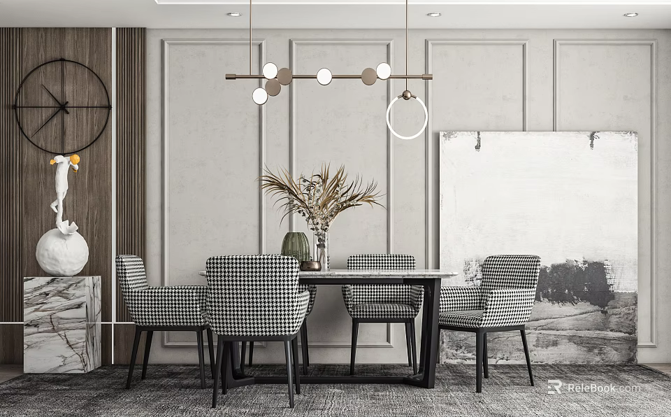 Stylish Dining Table Set With Checkered Chairs Pendant Lights Light Colored Wall And Plants 3d model