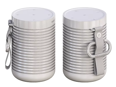 Portable Silver Cylindrical Bluetooth Speakers With Striped Texture And Carry Straps 3d model