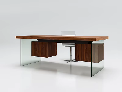 Modern Desk and Chair Set with Wooden Tabletop Glass Legs Wooden Drawers and Metal Chair 3d model