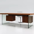 Modern Desk and Chair Set with Wooden Tabletop Glass Legs Wooden Drawers and Metal Chair