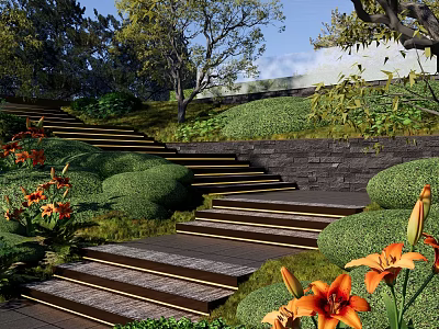 Park Landscape with Stone Steps Lush Green Lawns Trees Stone Walls and Orange Flowers 3d model
