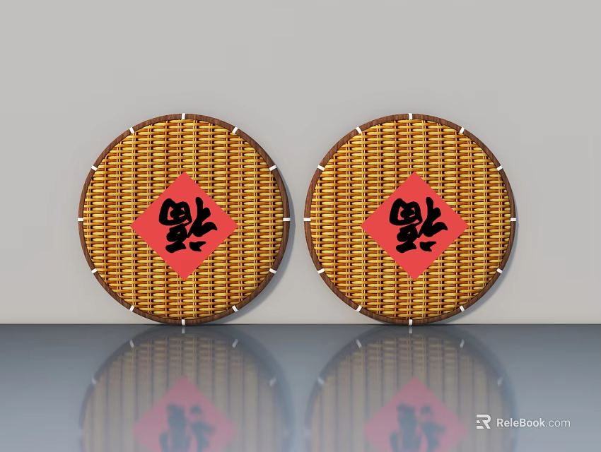 Traditional Circular Bamboo Woven Casement Doors With Red Fu Characters Decorative Design 3d model 