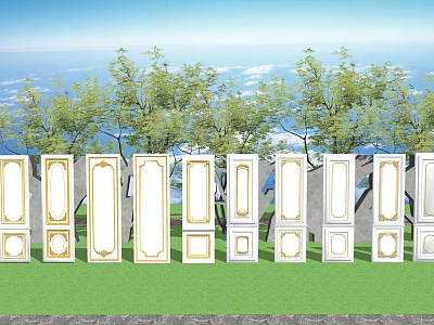 Multiple White Wall Panels With Gold Trim In Outdoor Environment 3d model