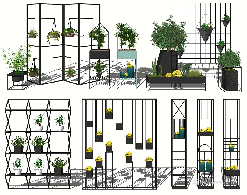 Modern Indoor Hanging Basket Plants With Decorative Shelves And Greenery Design 3d model 