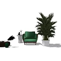 Green Modern Single Sofa Interior With Large Plant Side Table And Rug 3d model