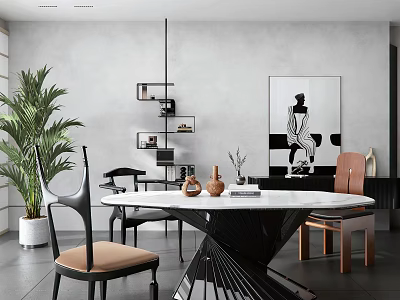 Modern Dining Table Set With Marble Top Black Brown Chairs And Abstract Wall Art 3d model