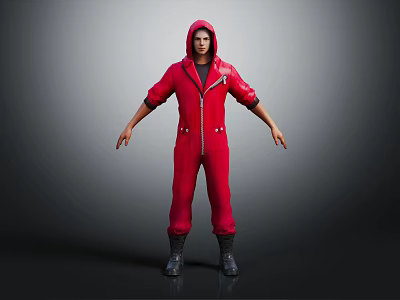 3D Character Model Wearing Hooded Red Jumpsuit in Standing Pose with Black Boots 3d model