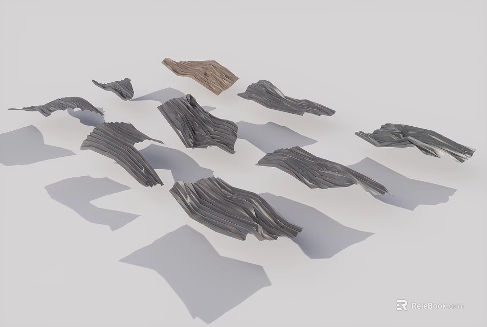 Scattered Curved Wooden Pieces In Gray Brown Tones On Light Background With Shadows 3d model 