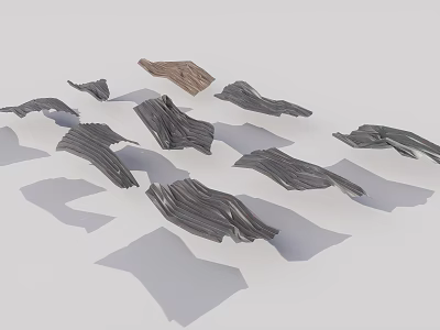 Scattered Curved Wooden Pieces In Gray Brown Tones On Light Background With Shadows 3d model