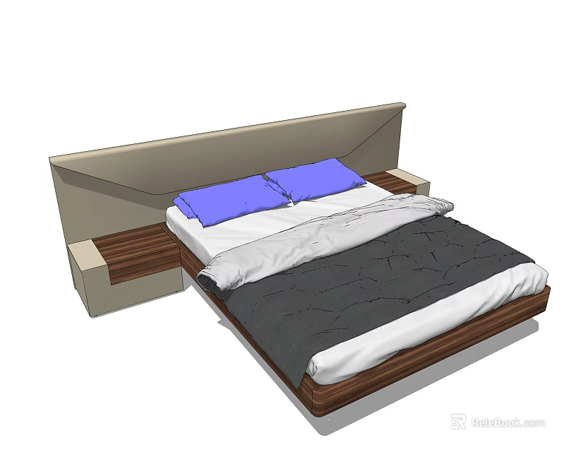 Modern Double Bed with Light Gray Headboard Blue Pillows and Wooden Frame 3d model 