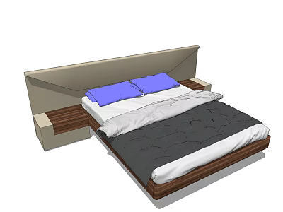 Modern Double Bed with Light Gray Headboard Blue Pillows and Wooden Frame 3d model