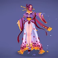 Elegant Fantasy Female Character In Purple Pink Traditional Outfit With Floating Petals And Ribbons