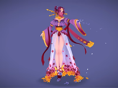 Elegant Fantasy Female Character In Purple Pink Traditional Outfit With Floating Petals And Ribbons 3d model