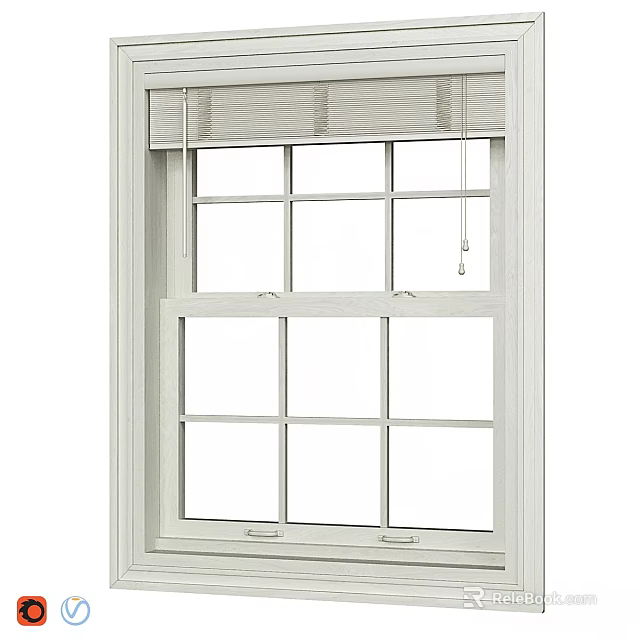 White Casement Window With Grid Panes And Top Window Blinds For Home 3d model 