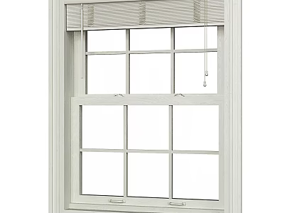 White Casement Window With Grid Panes And Top Window Blinds For Home 3d model