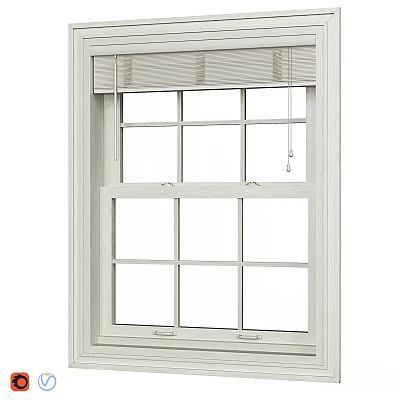 White Casement Window With Grid Panes And Top Window Blinds For Home 3d model