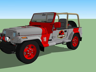 Gray and Red Open Top Jeep with Jurassic Park Logo and Number 18 3d model