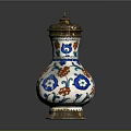 Ornate Ceramic Vase With Blue Red Floral Patterns And Gold Accents