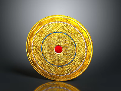 Golden Circular Decorative Plate With Central Red Gemstone And Surrounding Blue White Intricate Patterns 3d model