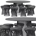 Modern Table and Chair Set With Marble Tabletop Metal Frame Stools And Black Cushions