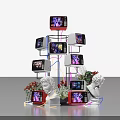 Vintage TV Art Installation With Neon Lights White Sculptural Heads And Purple Pink Lighting