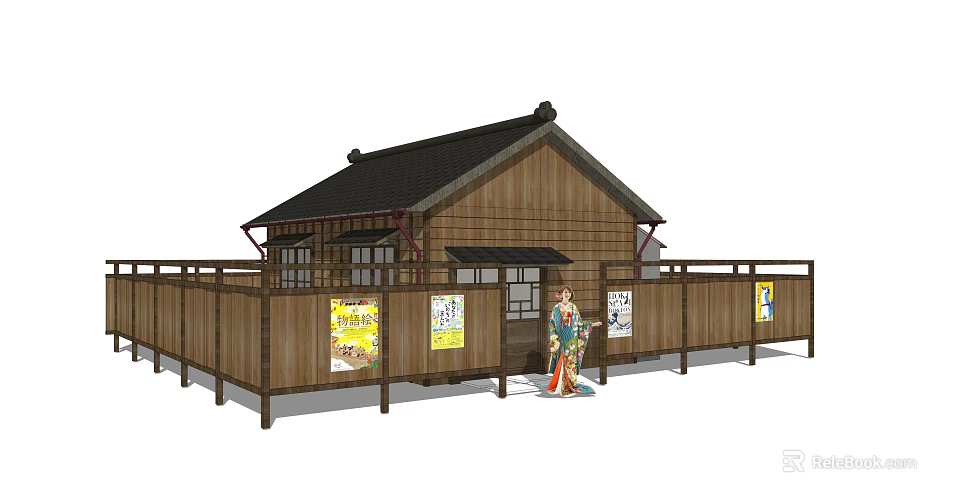 Traditional Wooden House with Black Roof Wooden Fence and Decorative Posters 3d model 