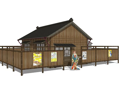Traditional Wooden House with Black Roof Wooden Fence and Decorative Posters 3d model