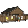Traditional Wooden House with Black Roof Wooden Fence and Decorative Posters