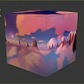 Colorful Cartoon Scene Cube With Pink Blue Clouds And Red Spire Landscapes