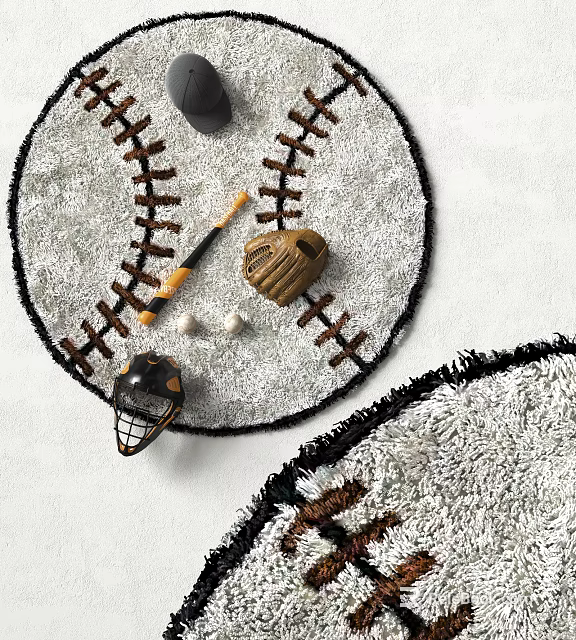 Round Gray Rug With Baseball Stitches Design And Bat Glove Helmet Decor 3d model 
