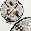 Round Gray Rug With Baseball Stitches Design And Bat Glove Helmet Decor