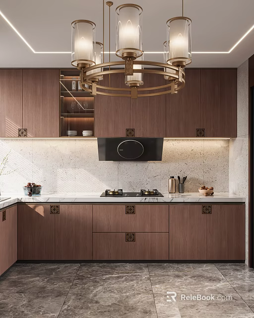 Modern Kitchen Interior With Wooden Cabinets Marble Countertop Black Range Hood And Pendant Light 3d model 
