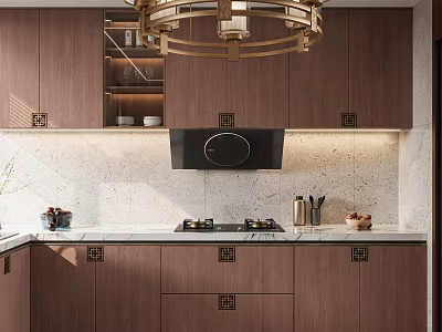 Modern Kitchen Interior With Wooden Cabinets Marble Countertop Black Range Hood And Pendant Light 3d model