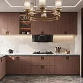 Modern Kitchen Interior With Wooden Cabinets Marble Countertop Black Range Hood And Pendant Light