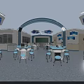 Modern Blue Laboratory Interior With Multiple Tables Microscopes Starry Ceiling And White Stools 3d model
