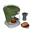 Green Espresso Coffee Machine With Moka Pot Coffee Cup And Croissant