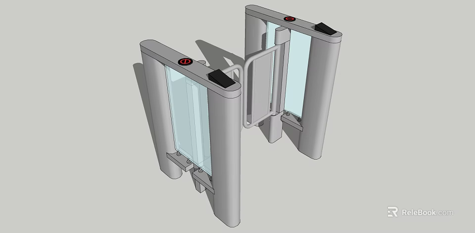 Public Facility Access Control Turnstile With Silver Body Transparent Glass Panels And Red Indicators 3d model 
