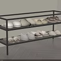 Neutral Colored Shoes on Three Tier Black Shoe Rack with Indoor Wooden Floor