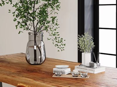 Transparent Glass Vase with Green Plants on Wooden Table with Books Tray and Window Background 3d model