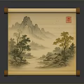 Traditional Chinese Landscape Scroll With Mountains Trees Cottage And Red Seal