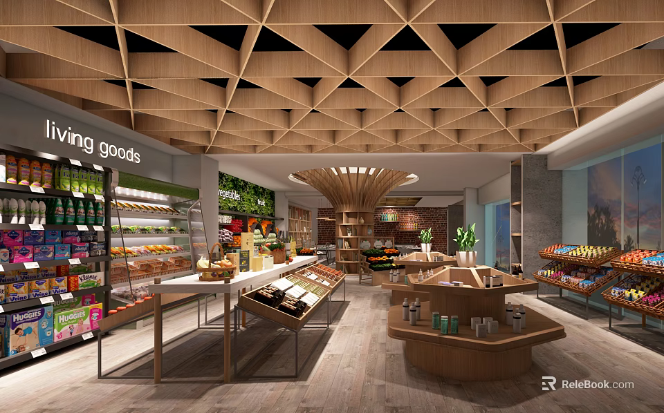 Supermarket Department Store Featuring Wooden Ceiling Structure Fresh Groceries Beverages Baked Goods and Open Layout 3d model 