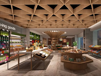Supermarket Department Store Featuring Wooden Ceiling Structure Fresh Groceries Beverages Baked Goods and Open Layout 3d model