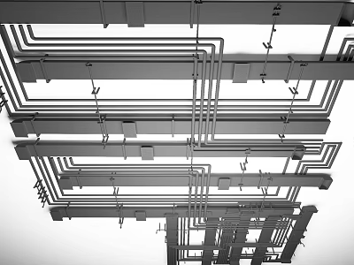 Exposed Industrial Ceiling Design With Metal Framework And Pipe Layout Structure 3d model