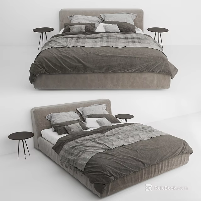 Modern Gray Upholstered Double Bed With Plaid Bedding And Round Side Tables 3d model