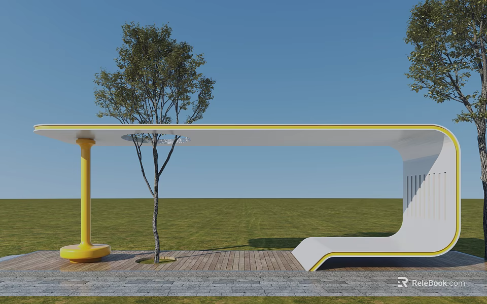 Modern Garden Feature With Yellow Pillar White Canopy Trees And Bench 3d model 