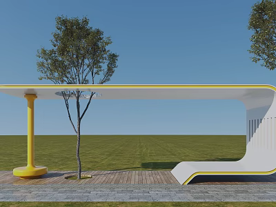 Modern Garden Feature With Yellow Pillar White Canopy Trees And Bench 3d model