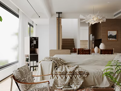 Modern Living Room Interior Design With Cozy Sofa Blanket Armchair And Natural Light 3d model