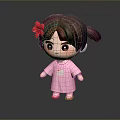 Cartoon Girl In Pink Dress With Green Pattern Brown Hair Pigtails Red Flower And Shoes