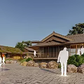 Traditional Garden Space With Thatched Roof Architecture Stone Path Green Plants And Pedestrians